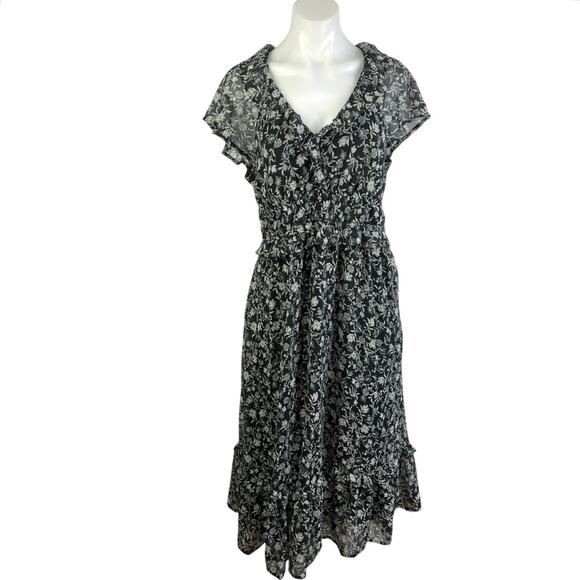 Old Navy Black Floral Ruffle Flutter Sleeve V Neck Tiered A Line Midi Dress Sz M - Picture 1 of 5